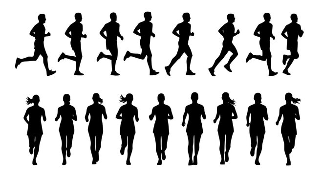 Running men and women, isolated vector silhouettes. Run, side and front view. Silhouettes of athletic looking male and female runners running. JPEG version.