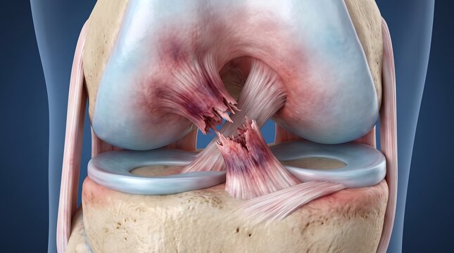 Labeled 3D Anatomical Render of a Complete Anterior Cruciate Ligament (ACL) Tear with Ruptured Fibers