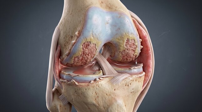 Detailed 3D Biological Render of Knee Joint Cartilage Degradation and Joint Fluid
