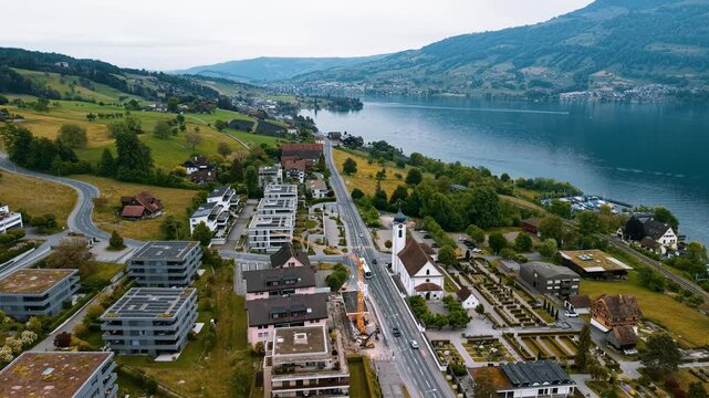 Aerial view of Meggen village on the Lake Lucerne shore in Switzerland