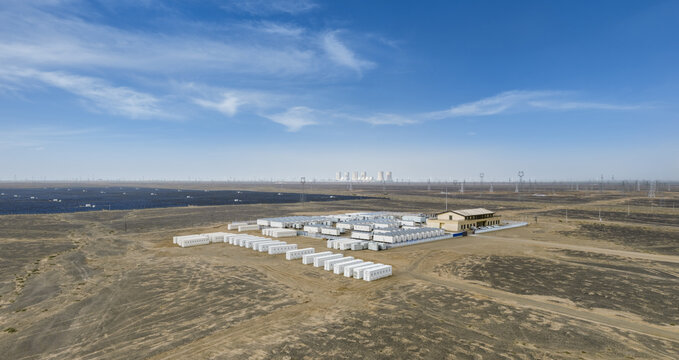 Aerial View of Battery Energy Storage Power Station in Arid Desert Gobi Landscape