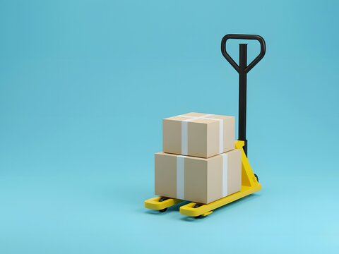 Yellow pallet jack with cardboard boxes on blue background for logistics and shipping.
