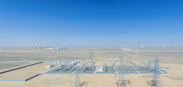 Aerial View of Substation with Wind Farm and Energy Storage in Gobi Desert