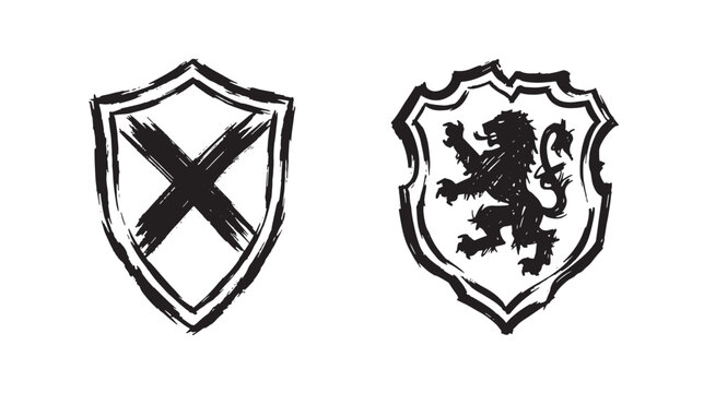 Brush stroke doodle style two heraldic shield featuring an x cross and a lion rampant, hand drawn ink style badges isolated on a white background, for creative