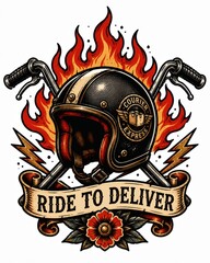 Fototapeta premium Vintage motorcycle helmet emblem with crossed handlebars, flaming orange red backdrop, lightning accents, floral banner, chrome details, bold retro biker design