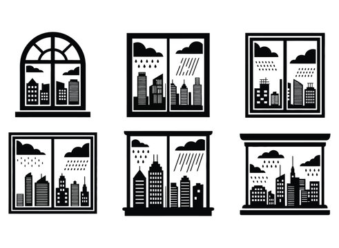 Collection of graphic illustrations depicting cityscapes viewed through windows during rainy weather conditions