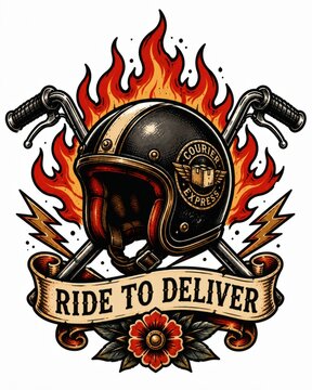 Vintage motorcycle helmet emblem with crossed handlebars, flaming orange red backdrop, lightning accents, floral banner, chrome details, bold retro biker design