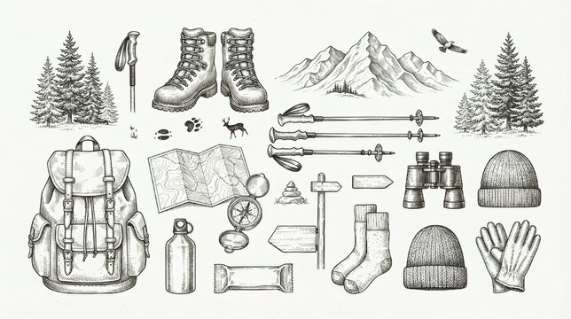 Hand draw hiking and trekking equipment set, boots, backpack, and mountain elements vector illustration