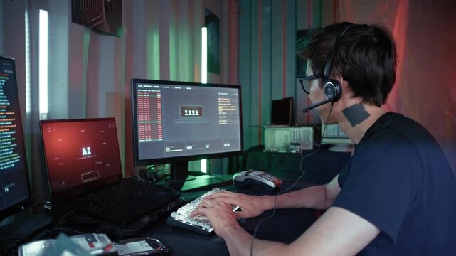 Young programmer successfully hacking a system and bypassing a pin code in a dark, neon-lit room