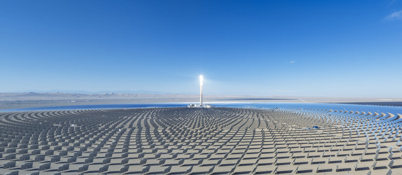 Aerial View of Molten Salt Tower Concentrated Solar Power Plant in Desert
