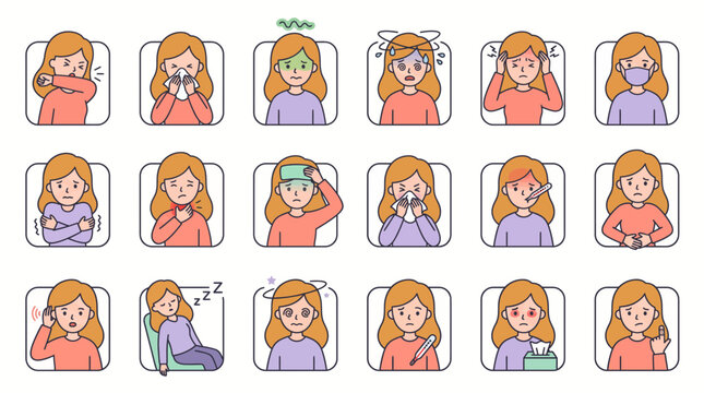 Vector set of woman character avatar icons showing various flu and virus illness symptoms, illustrating medical healthcare education and patient diagnosis awareness