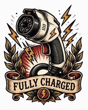 Electric vehicle charging plug illustration with decorative laurel, lightning motifs, ribbon banner, high contrast inked style for automotive energy branding and poster use
