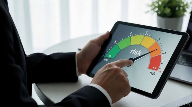 Business person uses tablet to check risk level gauge. Pro worker monitors data on digital screen with colored meter. Corporate expert evaluates security performance, market uncertainty. Manager