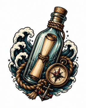 Glass bottle sealed with cork holding rolled map beside compass rope anchor and stylized ocean waves in detailed nautical vintage illustration with textured ink strokes and warm maritime colors
