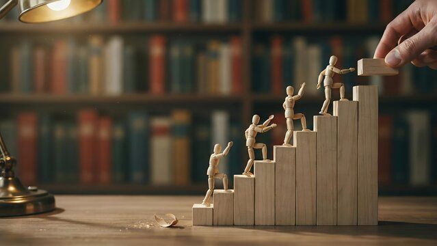Wooden mannequins climbing a staircase of wooden blocks, symbolizing personal development, career growth, and goal achievement in a library setting