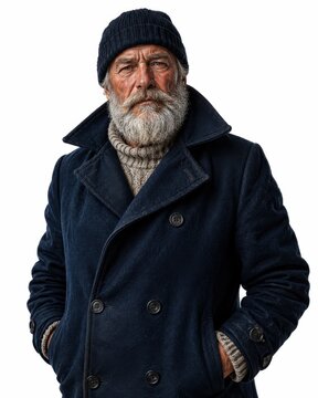 Elderly bearded man in knit hat and navy pea coat, serious portrait with hands in pockets, weathered face, white beard, textured sweater, winter clothing against clean background