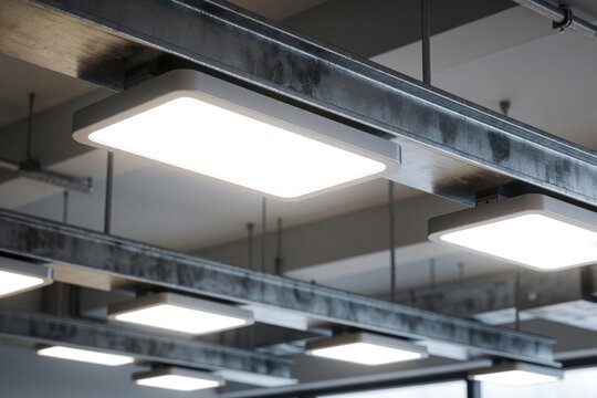 Modern LED lighting fixtures hang from metal beams in contemporary office space. Bright white square lamps illuminate indoor ceiling structure creating industrial atmosphere. Minimalist lighting