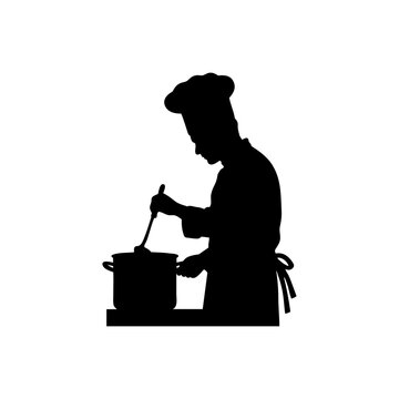 Professional Chef Cooking and Stirring Pot Silhouette Vector Isolated on White Background