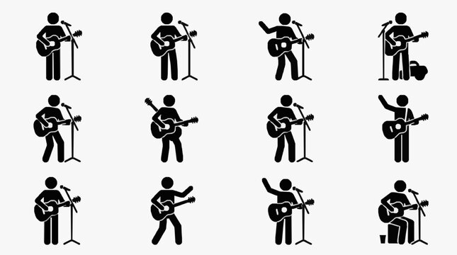 Musicians Playing Acoustic Instruments Set.