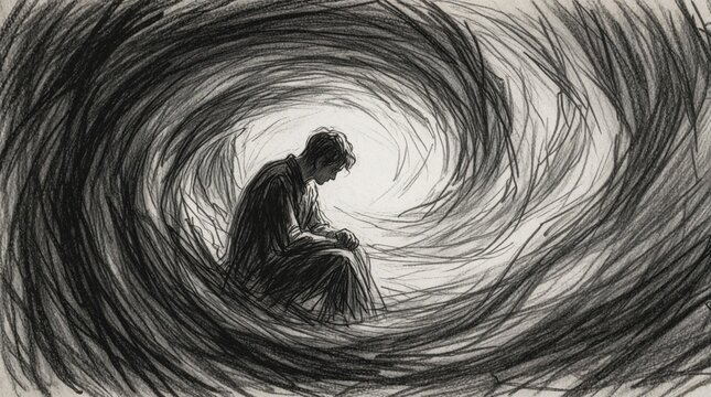 Man sits in dark swirling vortex symbolizing inner turmoil, struggle. He is trapped in abstract chaos with overwhelming thoughts, emotions. Illustration shows mental despair, psychological challenge.