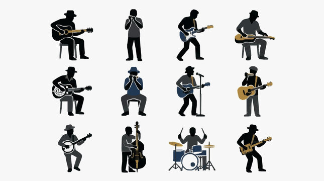 Musicians Playing Acoustic Instruments Silhouettes.