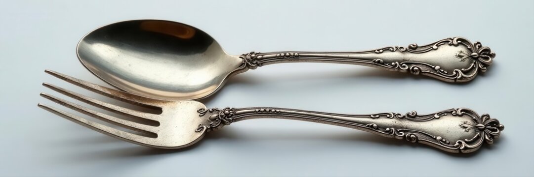 Ornate silver fork & spoon set, tarnished patina, fork, metal