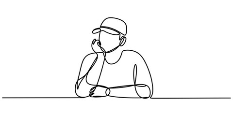 Young man with a baseball cap sitting and thinking in a simple continuous single line drawing style illustration