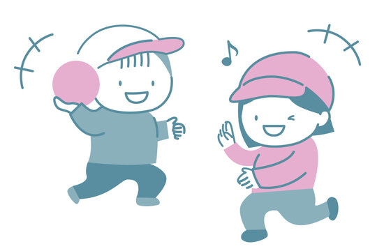 赤白帽子をかぶってボール遊びを楽しむ子供たち