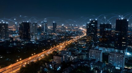 Fototapeta premium A futuristic cityscape at night illuminated by glowing lights and digital connection lines above skyscrapers