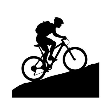 Mountain Biker Climbing Uphill Trail Silhouette Vector Isolated on White Background