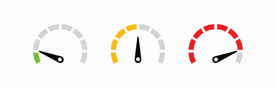 Three minimalist gauges display progress levels. Each uses distinct color gradients to show different states. Green indicates low, yellow medium, red high. Black pointers point to current values