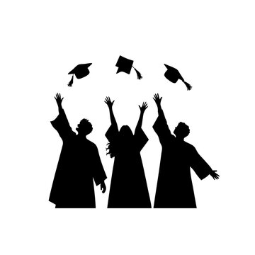 Graduates Throwing Graduation Caps Silhouette Vector Celebration Isolated on White Background