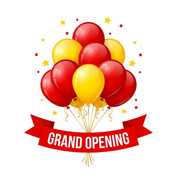 Festive grand opening celebration graphic featuring bright red and yellow floating balloons tied to a bold decorative horizontal ribbon banner