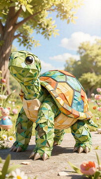 Cute Low Poly Papercraft Turtle Standing in a Sunny Garden