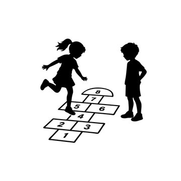 Children Playing Hopscotch Game Silhouette Vector Illustration Isolated on White Background
