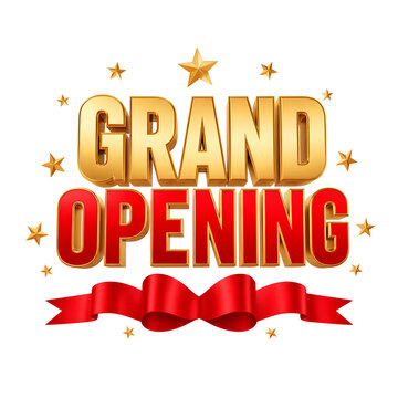 Grand opening text rendered in bold gold and vibrant red colors featuring decorative stars and a silk ribbon bow isolated