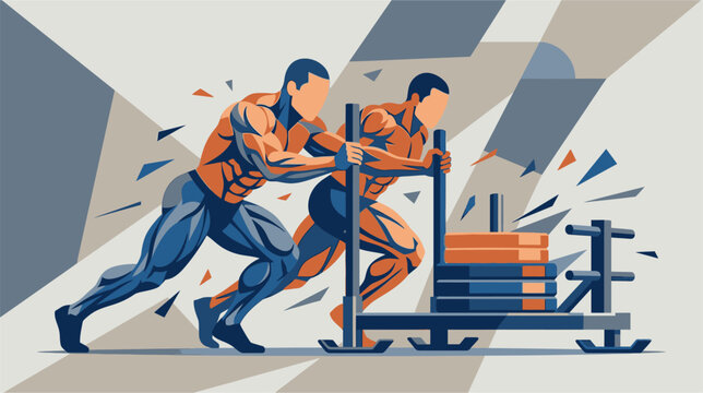 Vector illustration depicting a muscular athlete performing a heavy weight sled push exercise during a high-intensity functional fitness training session in a modern gym facility.