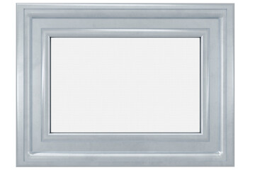 Cornice argento, argentata, con spazio vuoto centrale per possibile inserimento di immagini o testo. Illustrazione 3D © massimo_g