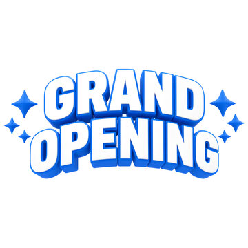 Grand opening blue and white 3d text sign with decorative star icons isolated on a simple clean white background surface