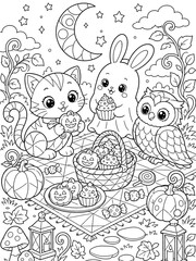 Fototapeta premium Cat rabbit and owl enjoying a cute Halloween picnic