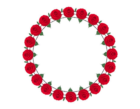 Vibrant red roses arranged in a circular wreath frame against a clean white background for wedding and holiday greeting cards