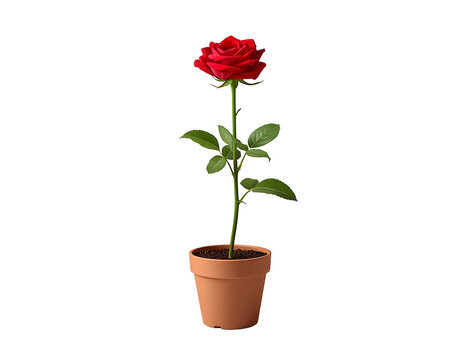 Vibrant red rose flower blooming elegantly inside a classic brown terracotta pot isolated against a pure white background studio setting