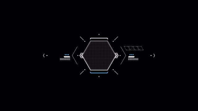 Futuristic HUD interface with hexagon data frame and digital elements.