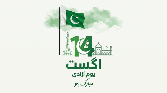 Pakistan independence day celebration design with national flag and iconic landmark illustrations graphic element with light background watercolor style clouds elegant Urdu calligraphy against soft