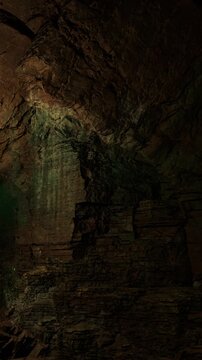 The setting shows a cave with large rock formations. Water trickles down the rocks creating a small pool. Light filters in from an opening, showing the rugged texture of the stones.