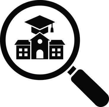 School Search Icon with Magnifying Glass Education Building and Graduation Cap Vector Illustration Isolated on White Background