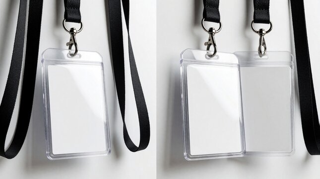 Two blank plastic ID badges hang on black lanyards against white wall background. Clear vertical card holders with metal clips provide pro access pass design. Empty template allows custom branding