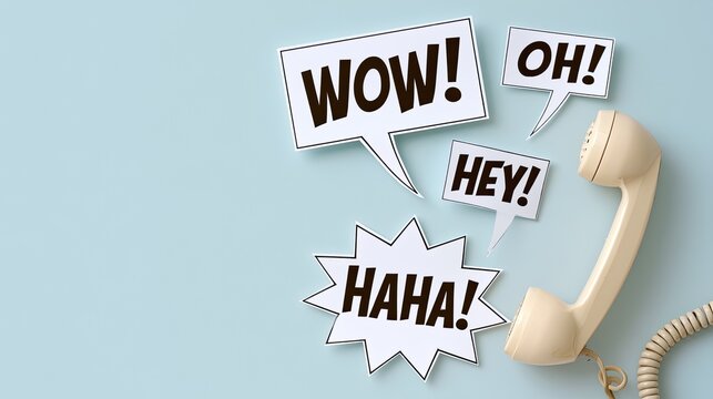 Beige vintage telephone handset with speech bubbles on light blue background, fun communication chat dialog, creative business copy space asset