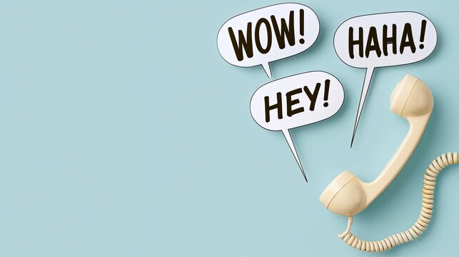 Beige vintage telephone handset with speech bubbles on light blue background, fun communication chat dialog, creative business copy space asset