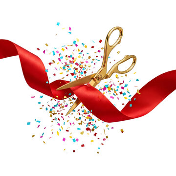 Golden metal scissors cutting through a vibrant red silk ribbon during a festive grand opening event with colorful floating confetti